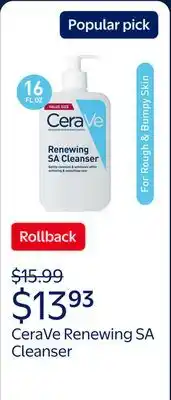 Walmart CeraVe Renewing SA Cleanser, Salicylic Acid Foaming Gel Face Wash For Smooth Skin offer