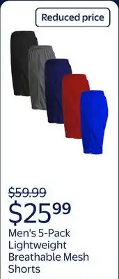 Walmart Men's 5-Pack Lightweight Breathable Moisture Wicking Mesh Shorts offer