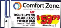 Ollie's COMFORT ZONE OSCILLATING BLADELESS TOWER FAN offer