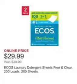 Costco ECOS Laundry Detergent Sheets Free & Clear, 200 Loads, 200 Sheets offer