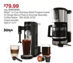 JC Penney Ninja 14-Cup Stainless Steel Programmable Or Single Serve Pods & Grounds Specialty Coffee Maker offer