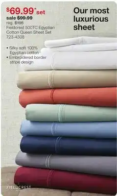 JC Penney Fieldcrest 500TC Egyptian Cotton Queen Sheet Set offer