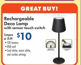 Boscov's Rechargeable Deco Lamp with sensor touch switch offer