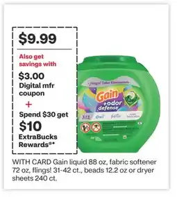 CVS Gain liquid 88 oz, fabric softener 72 oz, flings! 31-42 ct., beads 12.2 oz or dryer sheets 240 ct offer