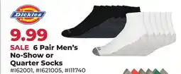 Runnings Dickies 6 Pair Men's No-Show or Quarter Socks offer