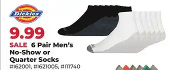 Runnings Dickies 6 Pair Men's No-Show or Quarter Socks offer