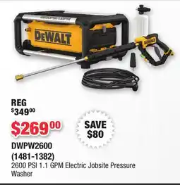 Runnings DEWALT 2600 PSI 1.1 GPM Electric Jobsite Pressure Washer offer