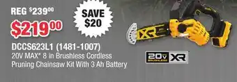 Runnings DEWALT 20V MAX* 8 in Brushless Cordless Pruning Chainsaw Kit With 3 Ah Battery offer