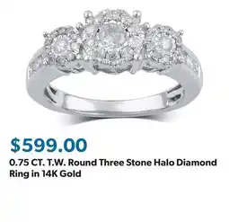 Sam's Club 0.75 CT. T.W. Round Three Stone Halo Diamond Ring in 14K Gold offer