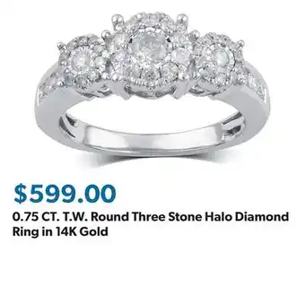 Sam's Club 0.75 CT. T.W. Round Three Stone Halo Diamond Ring in 14K Gold offer
