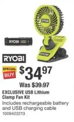The Home Depot Ryobi usb lithium clamp fan kit offer