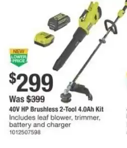 The Home Depot Ryobi 40V HP brushless 2-tool 4.0ah kit offer