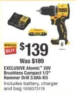 The Home Depot DeWalt Atomic 20V Brushless Compact 1/2" Hammer Drill 3.0Ah Kit offer
