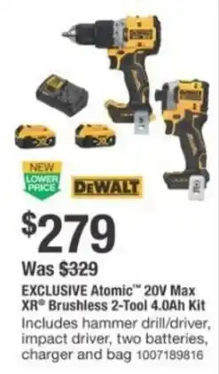 The Home Depot DeWalt Atomic 20V Max XR Brushless 2-Tool 4.0Ah Kit offer
