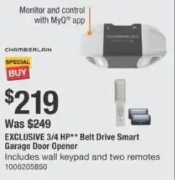 The Home Depot 3/4 hp belt drive smart garage door opener offer