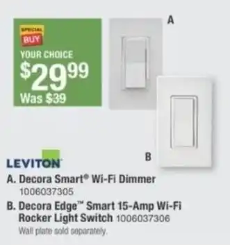 The Home Depot Leviton decora edge smart 15-Amp wi-fi rocker light switch offer