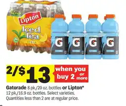 Meijer Gatorade 8 pk./20 oz. bottles or Lipton* 12 pk./16.9 oz. bottles offer
