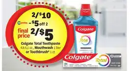 Meijer Colgate Total Toothpaste 4.8-5.1 oz., Mouthwash 1 liter or Toothbrush* 1 ct offer