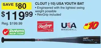 Dunham's Sports RAWLINGS CLOUT (- 10) USA YOUTH BAT offer