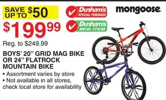 Dunham's Sports MONGOOSE BOYS' 20 GRID MAG BIKE OR 24 FLATROCK MOUNTAIN BIKE offer