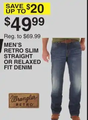 Dunham's Sports WRANGLER MEN'S RETRO SLIM STRAIGHT OR RELAXED FIT DENIM offer