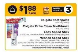 ShopRite Colgate Toothpaste, Colgate Extra Clean Toothbrush, Lady Speed Stick, Mennen Speed Stick offer
