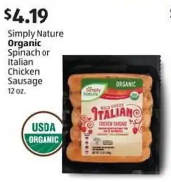 Aldi Simply Nature Organic Spinach or Italian Chicken Sausage offer