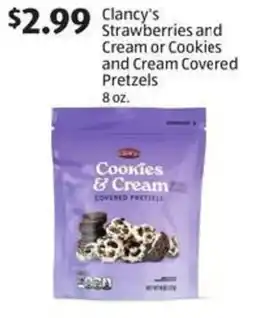 Aldi Clancy's Strawberries and Cream or Cookies and Cream Covered Pretzels offer