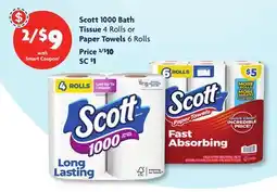 Family Dollar Scott 1000 Bath Tissue 4 Rolls or Paper Towels 6 Rolls offer