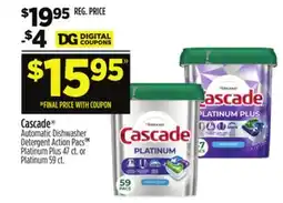 Dollar General Cascade Automatic Dishwasher Detergent Action PacsTM Platinum Plus 47 ct. or Platinum 59 ct offer