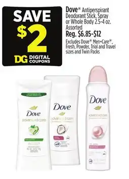 Dollar General Dove Antiperspirant Deodorant Stick, Spray or Whole Body 2.5- 4 oz offer