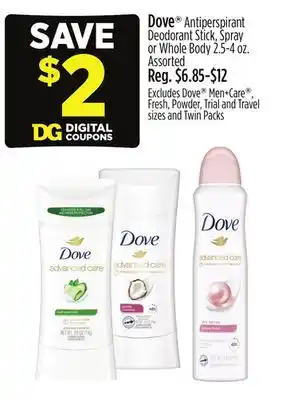Dollar General Dove Antiperspirant Deodorant Stick, Spray or Whole Body 2.5- 4 oz offer