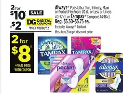Dollar General Always or Tampax Tampons offer