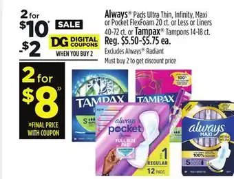 Dollar General Always or Tampax Tampons offer