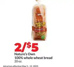 Hy-Vee Nature's Own 100% whole wheat bread offer
