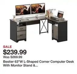 Office Depot Bestier 63W L-Shaped Corner Computer Desk With Monitor Stand & Open Storage, Gray offer