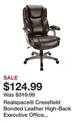 Office Depot Realspace Cressfield Bonded Leather High-Back Executive Office Chair, Brown/Silver, BIFMA Compliant offer