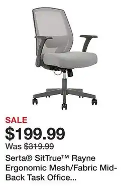 Office Depot Serta SitTrue Rayne Ergonomic Mesh/Fabric Mid-Back Task Office Chair, Gray offer