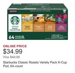 Costco Starbucks Classic Roasts Variety Pack K-Cup Pod, 64-count offer