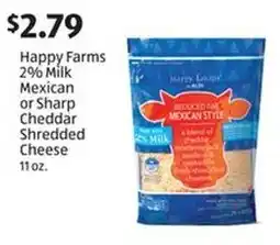 Aldi Happy Farms 2% Milk Mexican or Sharp Cheddar Shredded Cheese offer