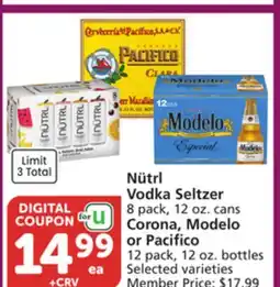 Vons Nütrl Vodka Seltzer 8 pack, 12 oz. cans Corona, Modelo or Pacifico 12 pack, 12 oz. bottles offer