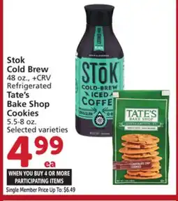 Vons Stok Cold Brew 48 oz., + CRV Refrigerated Tate's Bake Shop Cookies 5.5-8 oz offer