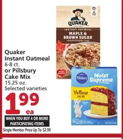 Vons Quaker Instant Oatmeal 6-8 ct. or Pillsbury Cake Mix 15.25 oz offer