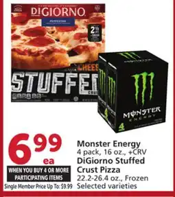 Vons Monster Energy 4 pack, 16 oz., + CRV DiGiorno Stuffed Crust Pizza 22.2-26.4 oz offer