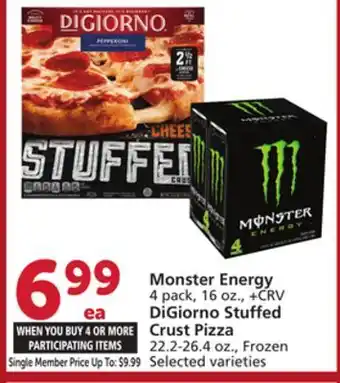Vons Monster Energy 4 pack, 16 oz., + CRV DiGiorno Stuffed Crust Pizza 22.2-26.4 oz offer