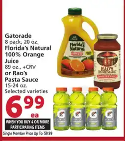 Vons Gatorade 8 pack, 20 oz. Florida's Natural 100% Orange Juice 89 oz., or Rao's Pasta Sauce 15-24 oz offer