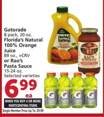 Vons Gatorade 8 pack, 20 oz. Florida's Natural 100% Orange Juice 89 oz., or Rao's Pasta Sauce 15-24 oz offer