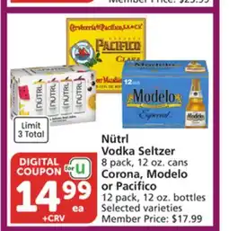 Albertsons Nütrl Vodka Seltzer 8 pack, 12 oz. cans Corona, Modelo or Pacifico 12 pack, 12 oz. bottles offer