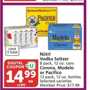 Albertsons Nütrl Vodka Seltzer 8 pack, 12 oz. cans Corona, Modelo or Pacifico 12 pack, 12 oz. bottles offer