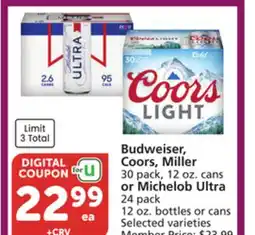 Albertsons Budweiser, Coors, Miller 30 pack, 12 oz. cans or Michelob Ultra 24 pack 12 oz. bottles or cans offer